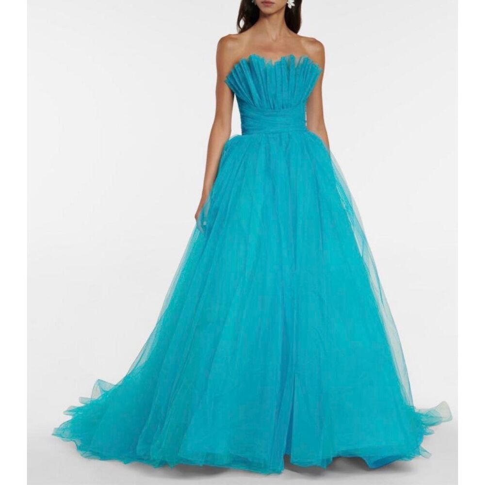 MONIQUE LHUILLIER Tulle Gown In Teal Size 10 $5995 - Picture 4 of 13